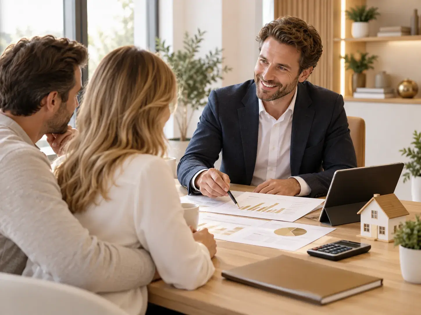 Adviseur legt hypotheek, lening en annuïteit uit aan een stel tijdens een financieel gesprek.