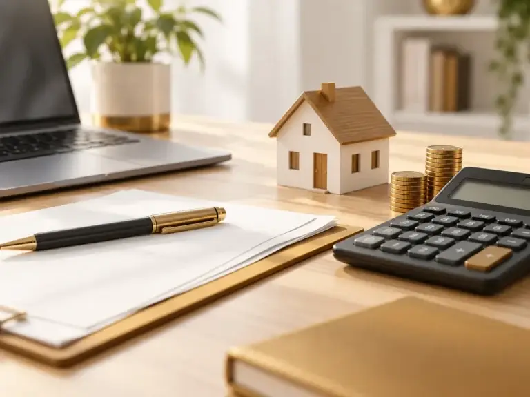 Financiële planning met huismodel, calculator, documenten en munten voor hypotheek en annuïteit.
