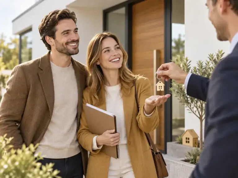 Stel ontvangt de sleutel van een nieuwe woning na het regelen van hypotheek en annuïteit.